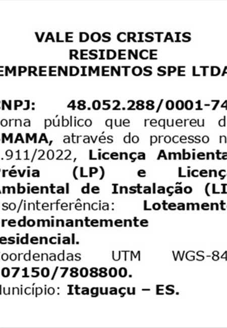 Licença Ambiental Prévia (LP) e Licença Ambiental de Instalação (LI) - Vale dos Cristais